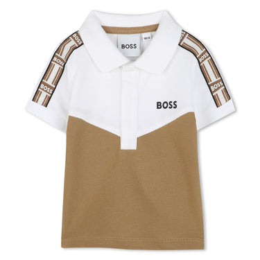 BOSS Playera polo para bebe bicolor blanco y cookie